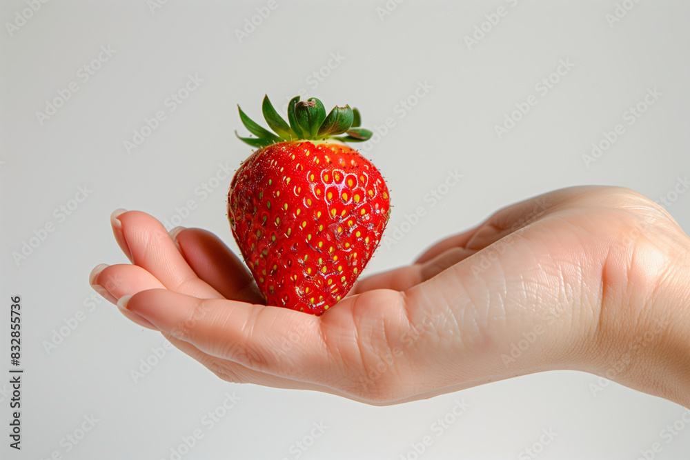 Obraz premium Close-Up of a Large Red Strawberry Held in a Hand on a White Background