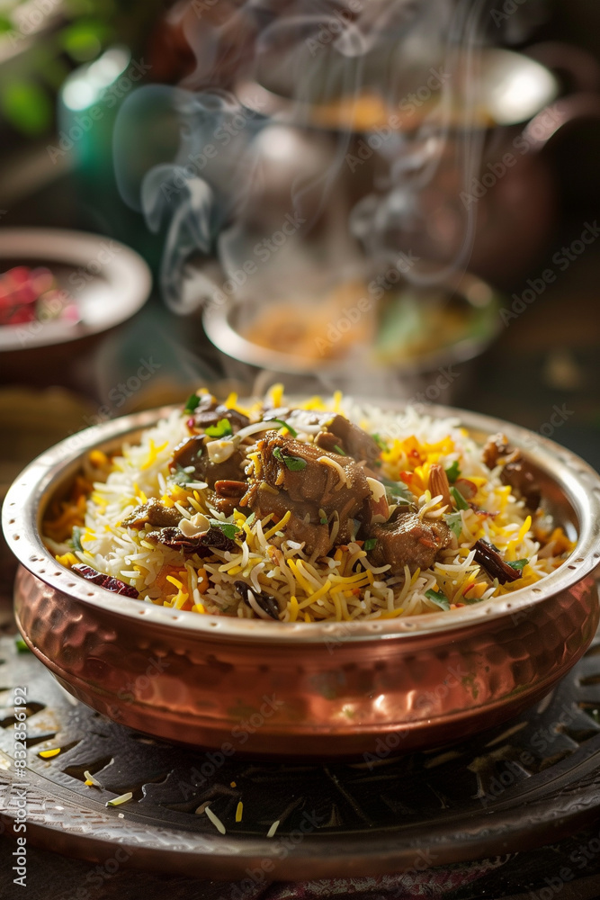 Freshly Cooked Steaming Chicken Biryani in Copper Pot at Indian Restaurant Freshly Cooked Steaming Chicken Biryani in Copper Pot at Indian Restaurant