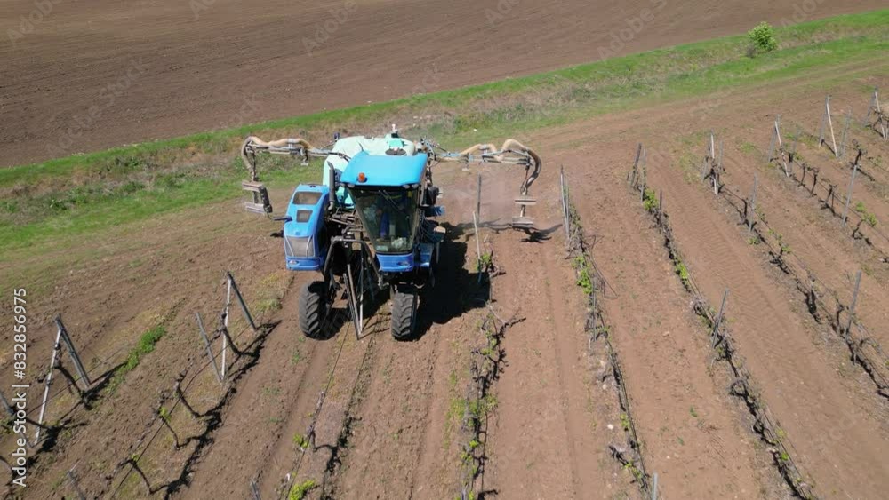 Aerial drone shot of vineyard sprayer in action. Four row spraying in a grape plantation. High angle tracking footage of a tractor farming grapes for wine and raisins in a rural farm in summer.
Aerial drone shot of vineyard sprayer in action. Four row spraying in a grape plantation. High angle tracking footage of a tractor farming grapes for wine and raisins in a rural farm in summer.