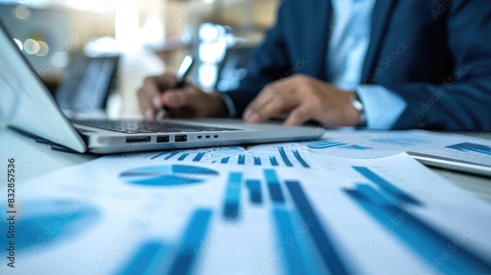 A business professional is analyzing financial reports on a laptop while making notes on printed graphs in a well-lit office environment A business professional is analyzing financial reports on a laptop while making notes on printed graphs in a well-lit office environment
