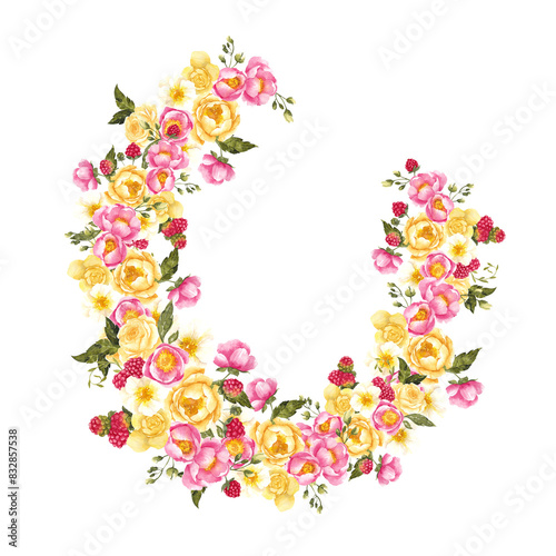 Watercolor hand draw wreath with summer garden flowerss and berries, strawberry, raspberry, currant and cherry, isolated on transparent background. photo