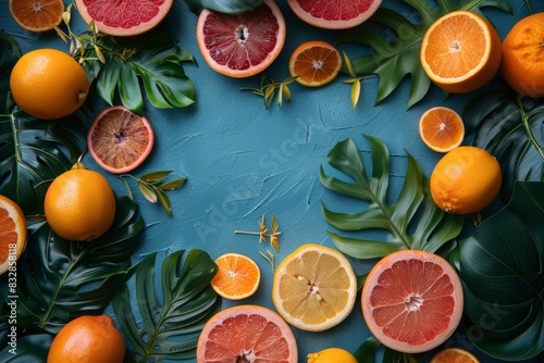 Oranges and green foliage in the background. Summer background of oranges and greens
