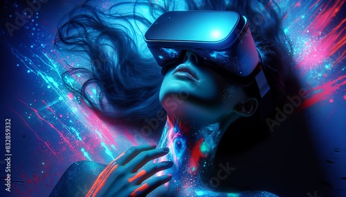 Immersive Virtual Reality Experience: Woman in Neon Colors. Woman wearing a VR headset lies immersed in a vibrant, neon-colored digital world, illustrating the intensity of virtual reality technology.