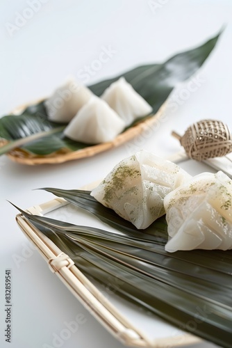 dragon boat festival dumplings in white background , chinese traditional food, chinese traditional festival ，duan wu festival，Glutinous rice ball, zongzi
 photo