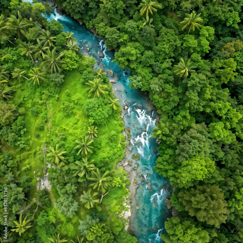 Aerial view of nature green forest and tree. Forest ecosystem and health concept and background, texture of green forest from above.Nature conservation concept.Natural scenery tropical green forest.  © Linggakun