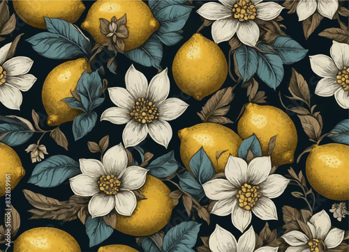Vector seamless bright summer pattern with tropical 
flowers, lemons, 
leaves on black background. Floral 
fashion ornament for women clothing, fabric, 
textile, paper, notepad, card, packaging.
