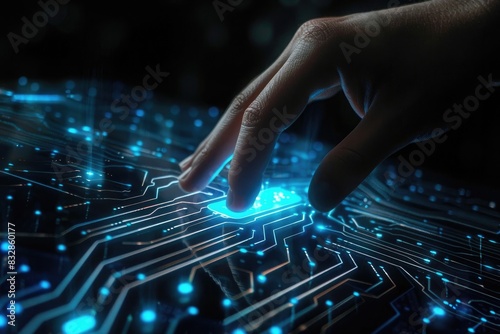 Hand touching on digital screen with hologram circuit and blue light effect, black background, futuristic technology concept