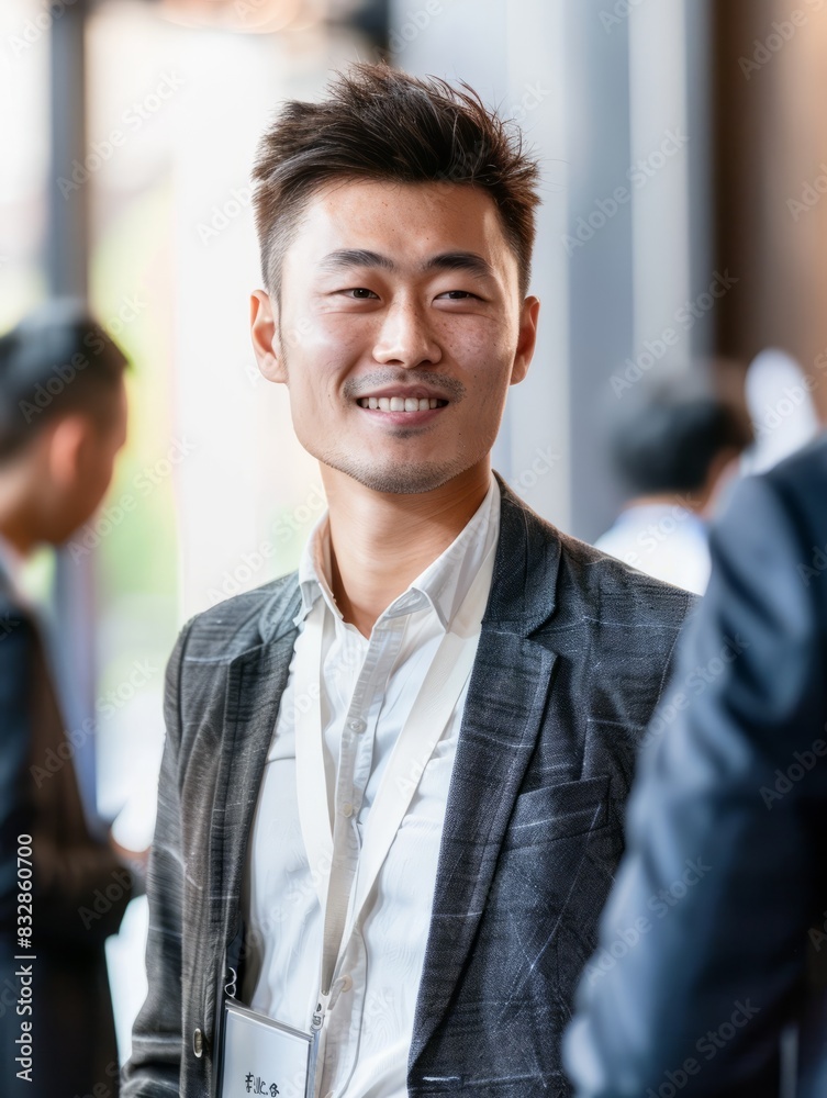 a young Chinese businessman networking at an international startup event a young Chinese businessman networking at an international startup event