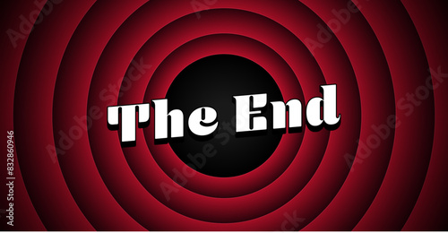 Screensaver The End on red round background in retro style. Old Movie ending screen. Vector illustration photo