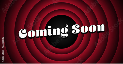 Screensaver Coming Soon on red round background in retro style. Old movie promotion announcement screen. Vector illustration