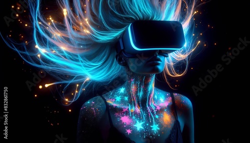 Futuristic VR Experience: Woman with Glowing Hair and Neon Body Art. Woman wearing a VR headset, with glowing hair and neon body art, embodies a futuristic and immersive virtual reality experience.