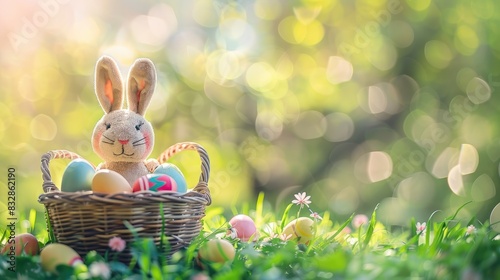 Easter Bunny Toy and Eggs in Basket on Green Grass