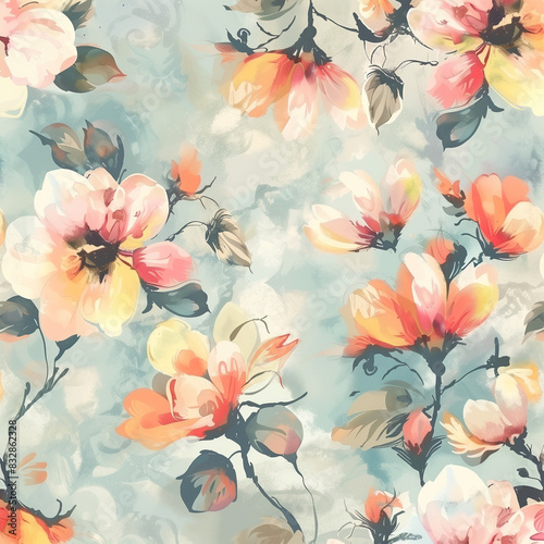 Watercolor Floral Art with Soft Pink and Orange Flowers on Blue Background © Knowledge Master