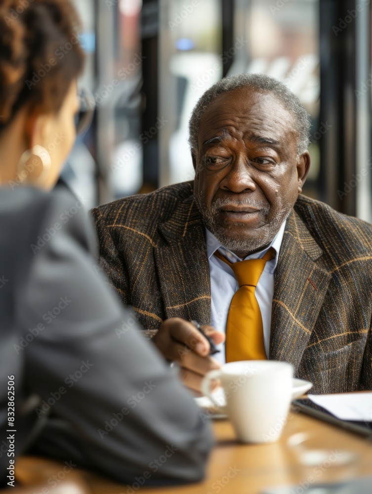 Elderly African-American man in a suit, sitting at a café, engaged in a thoughtful conversation. Elderly African-American man in a suit, sitting at a café, engaged in a thoughtful conversation.