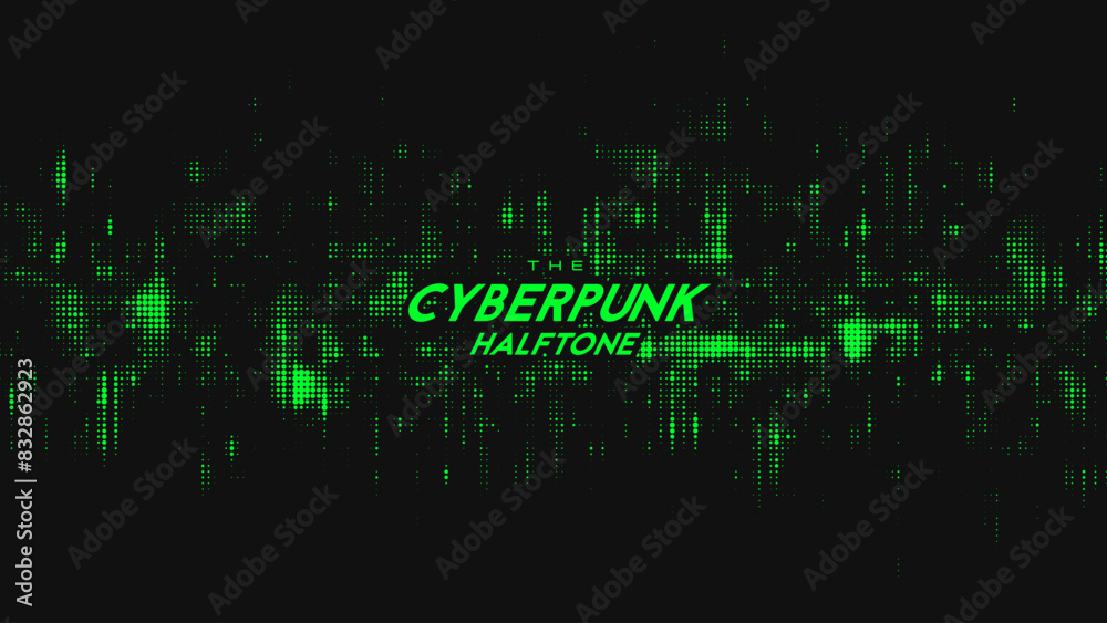 Abstract vector green cyberpunk halftone sound wave. Scrathed dotted texture element.