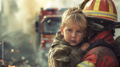 A firefighter rescuing a child