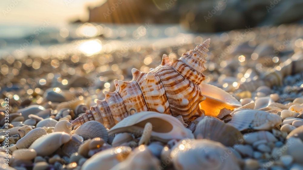 Close up view of a seashell on the beach