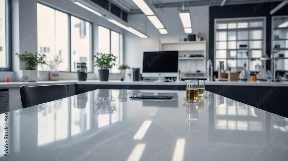 Fototapeta premium White Table With Laboratory Background