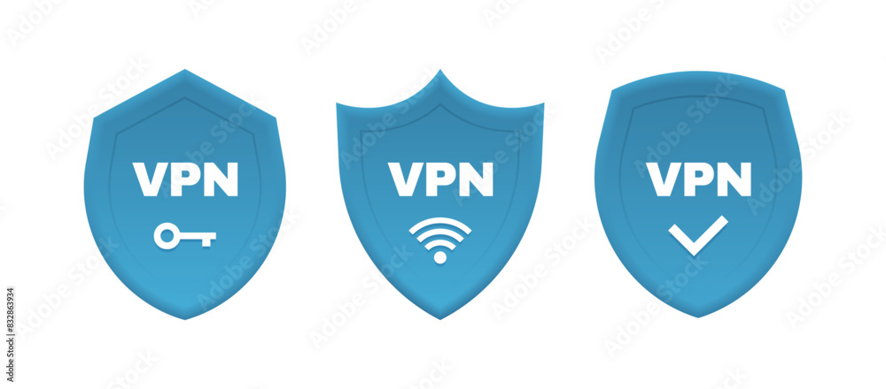Set of 3d VPN shield with key, wifi sign and check mark. Design concept of private network connectivity, successful connection, privacy protection, data transfer and web traffic. Vector illustration Set of 3d VPN shield with key, wifi sign and check mark. Design concept of private network connectivity, successful connection, privacy protection, data transfer and web traffic. Vector illustration