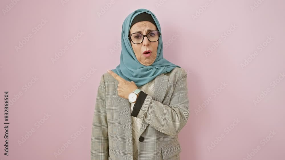 Shocked middle age hispanic woman in hijab, nervously pointing aside with a flustered expression, isolated over pink background. Shocked middle age hispanic woman in hijab, nervously pointing aside with a flustered expression, isolated over pink background.
