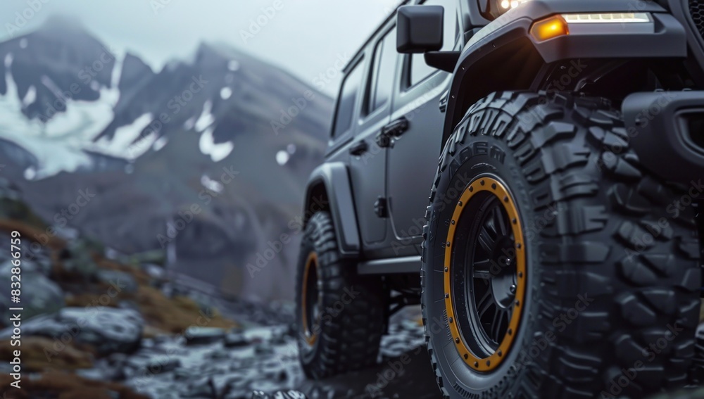 Close up of the rugged tires and black metallic bodywork on an offroad vehicle