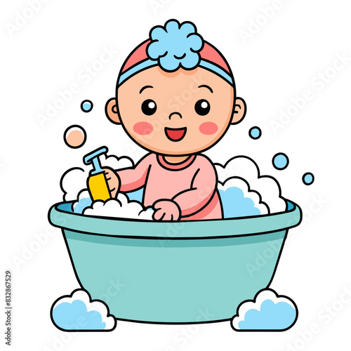 baby washing vector art illustration