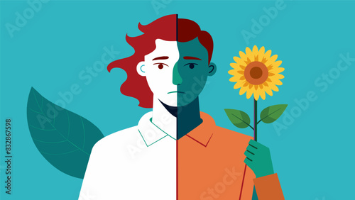 In a selfportrait the artist is shown with one hand holding a sunflower and the other hand a wilted rose symbolizing their inner battle between. Vector illustration
