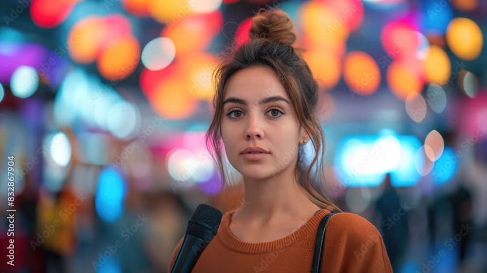 Woman with a microphone at music or entertainment event, facing camera Woman with a microphone at music or entertainment event, facing camera