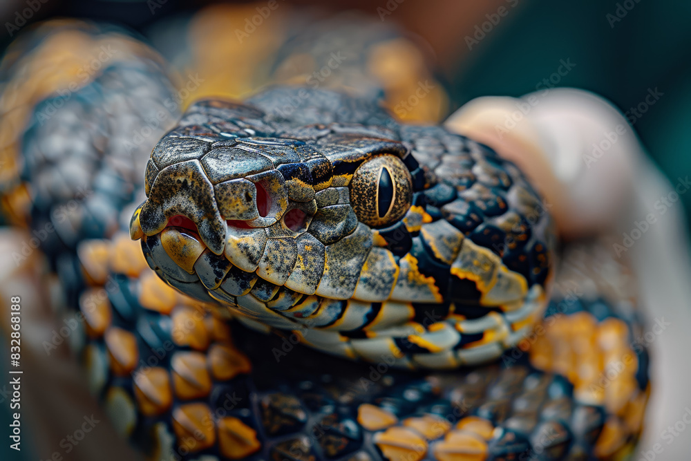A snake being checked for skin conditions by a vet, ensuring its scales are healthy. Concept of reptile skin care and veterinary expertise. Generative Ai.