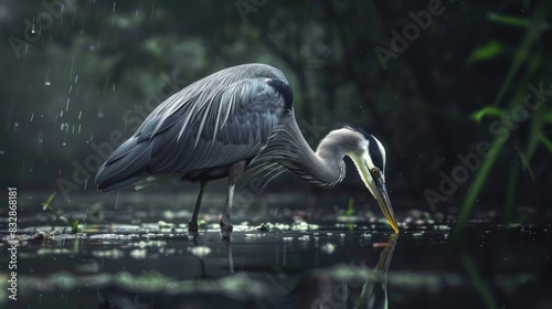 A heron is searching for prey or fish to consume