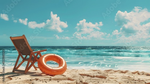 Summer beach holiday concept. A chair and an inflatable swimming ring on sand of beach against the backdrop of the sea and blue sky.