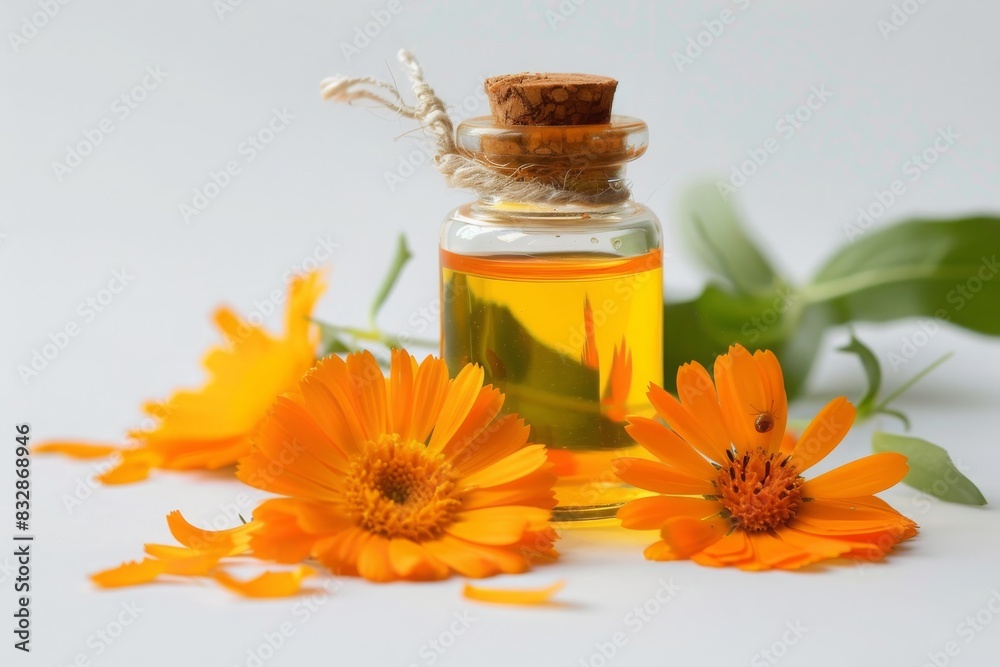 bottle of calendula oil with calendula on plain white background from Generative AI bottle of calendula oil with calendula on plain white background from Generative AI