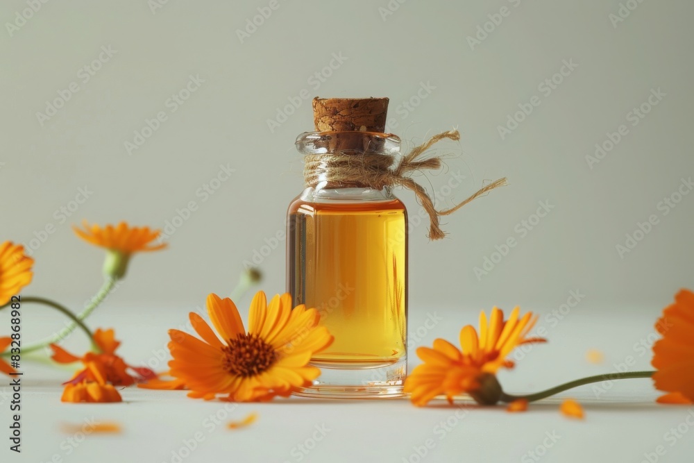 bottle of calendula oil with calendula on plain white background from Generative AI 