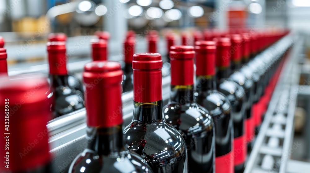 Fototapeta premium Quality red wine bottles in immaculate factory setting with close up on bottling line