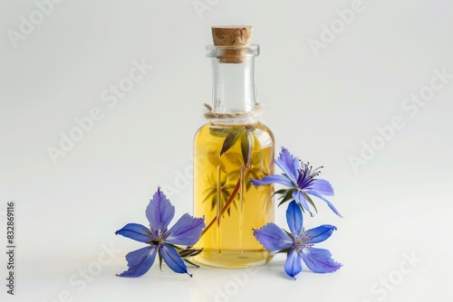bottle of borage oil with borage on plain white background from Generative AI 
