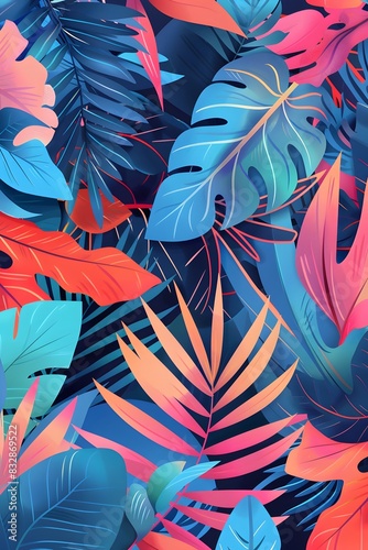 Tropical leaves and cactus in bright creative pink and blue colors. Minimalistic background concept art.