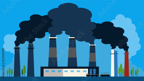 Thick plumes of black smoke billowed from the towering smokestacks of the coal processing plant a stark contrast against the clear blue sky.. Vector illustration