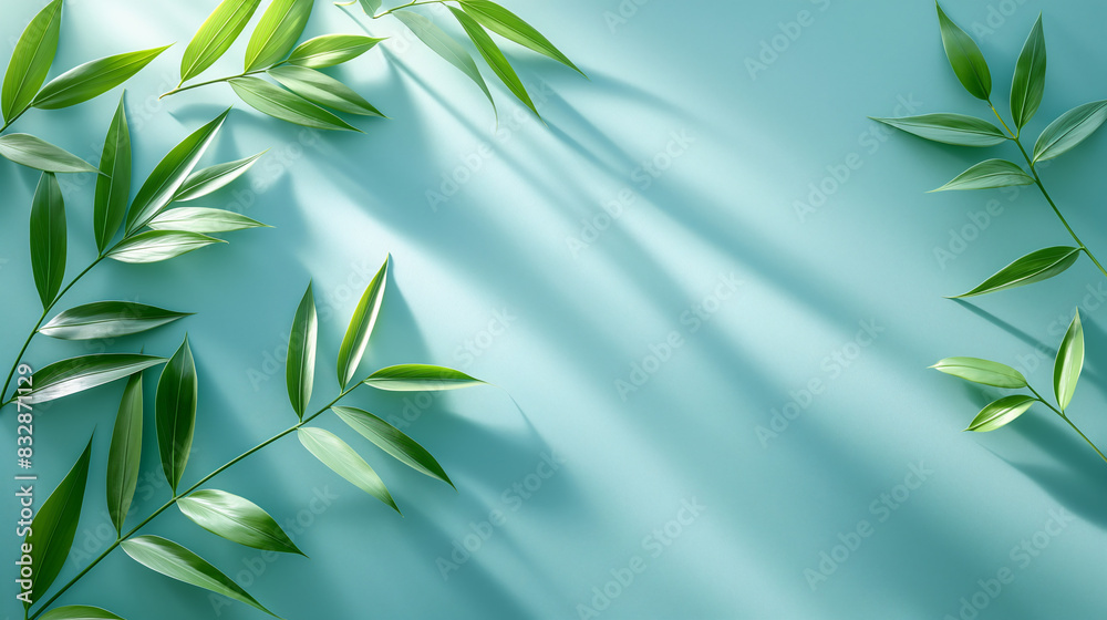 Lush green leaves throwing soft shadows gracefully sway amidst a tranquil blue background, creating a harmonious and captivating contrast of colors and textures Lush green leaves throwing soft shadows gracefully sway amidst a tranquil blue background, creating a harmonious and captivating contrast of colors and textures