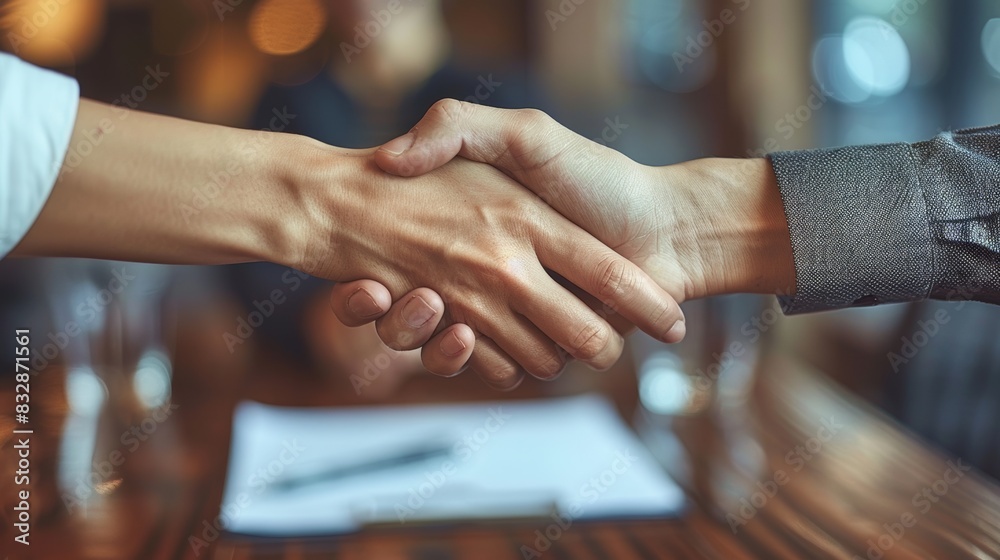 Close up of two business people shaking hands over a desk with documents and glasses, showing trust as they set a plan for success. A closeup photo of a handshake at an office table, with a blurred ba Close up of two business people shaking hands over a desk with documents and glasses, showing trust as they set a plan for success. A closeup photo of a handshake at an office table, with a blurred ba