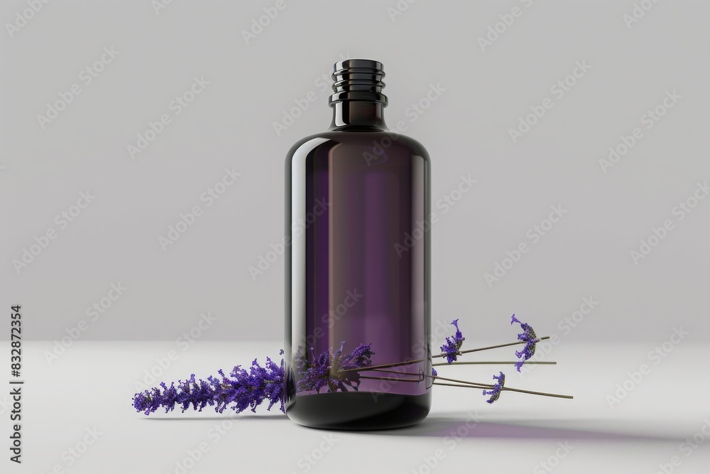 bottle of lavender oil on plain white background from Generative AI bottle of lavender oil on plain white background from Generative AI