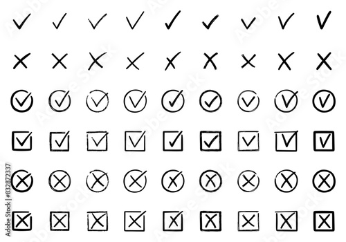 Check marks doodle set. Checkbox, checklist, tick and cross signs, v and x in sketch style. Hand drawn vector illustration isolated on white background