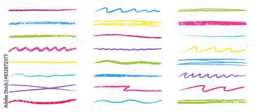 Chalk lines, charcoal highlight strokes doodle set. Pencil underlines, kids crayon strips, brush line in sketch style. Grunge texture. Hand drawn vector illustration isolated on white background