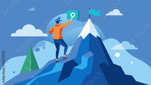 Experience the thrill of climbing a majestic peak with a virtual guide all without breaking a sweat.. Vector illustration