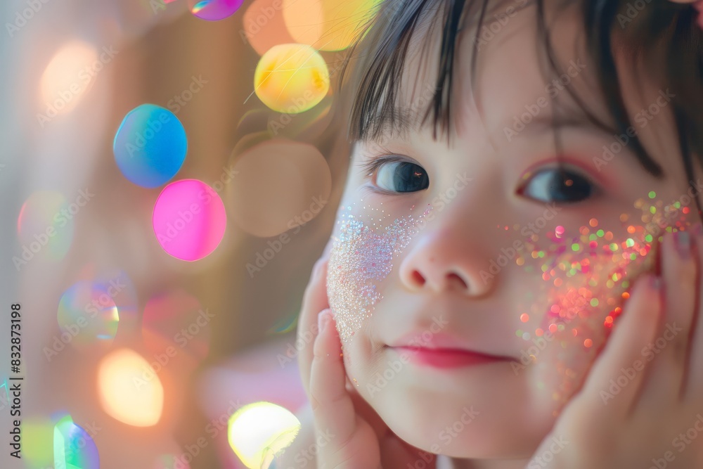 Fototapeta premium An adorable child with glitter on her face looks dreamy against a background of colorful bokeh lights