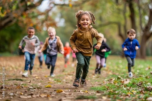 An ecstatic child runs with open arms in an autumnal park setting  capturing the essence of freedom and joy