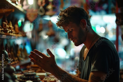 A man explores trinkets and jewelry under the warm glow of a market stall's lighting, with a bokeh background