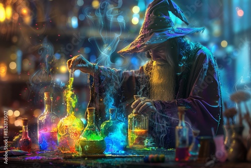 A wizard character is engaging in magical potion experiments, surrounded by vials and mystical smoke