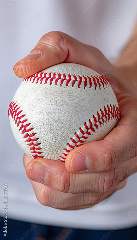 Close up of pitcher s hand gripping baseball for precise control in summer olympics sport concept Close up of pitcher s hand gripping baseball for precise control in summer olympics sport concept