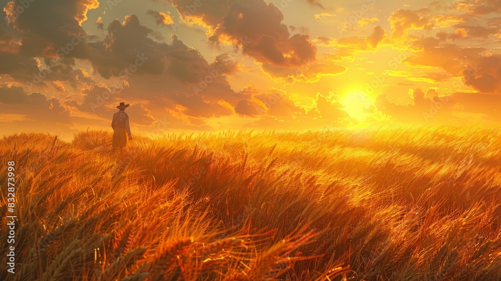Fototapeta premium A photorealistic portrayal showcases the dedication of a farmer. Beads of sweat glisten on their brow as they work tirelessly to harvest a field of golden wheat
