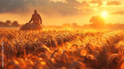 A photorealistic portrayal captures the essence of hard work. A sun-drenched farmer, their brow glistening with sweat, diligently gathers bundles of golden wheat photo